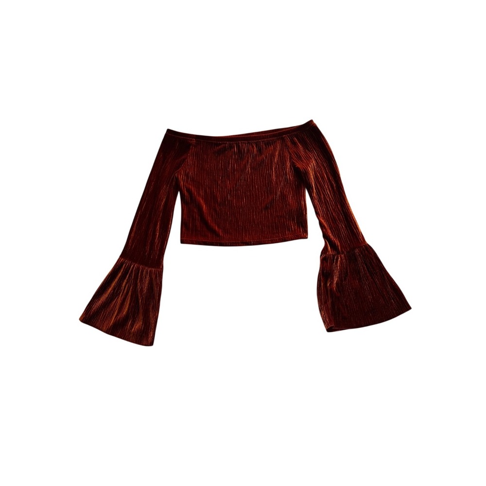 Velvet Plisse Off the Shoulder Bell Sleeve Crop Top S Orange 70s Whimsy Festival